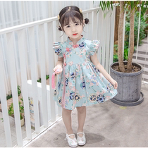 Hong Kong girls flag robes Summer middle country Wind children Broken Flowers Skirt 2021 New Child Clothing Baby Flying Sleeves Dress