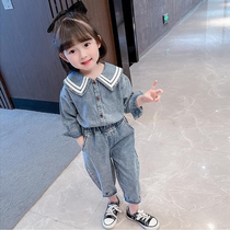 Hong Kong Tennis Red Female Baby Autumn 2021 New Girl Denim Suit Foreign Air Childrens Clothing Tide Autumn Clothing Two Sets