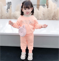 Hong Kong girls autumn winter suit 2021 childrens new pure cotton plus suede thickened sweatshirt Two sets of children casual wear