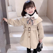 Hong Kong Girl Jacket Clip Cotton Winter Clothing Little Girl Plus Suede Thickening Medium Long style Childrens warm fur collar blouses