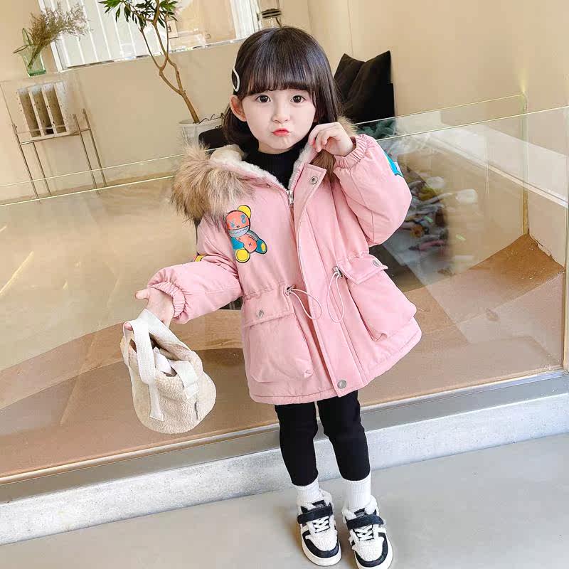 Hong Kong jacket girl's autumn winter pie overcomes 2021 new baby windproof and warm cotton clothes girl real fur collar cotton clothes