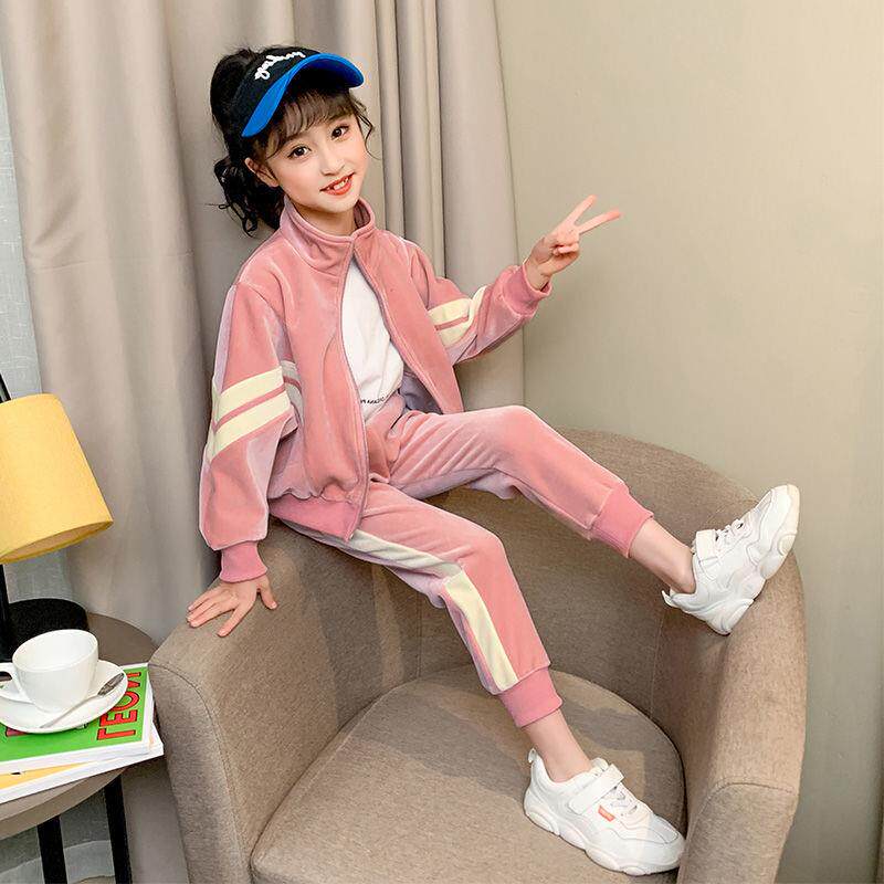 Hong Kong Girl Sports Suit 2021 Autumn Winter New Jersey Girl Foreign Pie Clothing Gold Velvet CUHK Children's Clothing