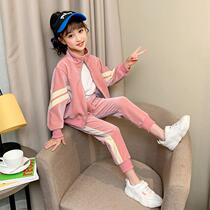 Hong Kong Girl Sports Suit 2021 Autumn Winter New Jersey Girl Foreign Air Clothes Gold Velvet CUHK Childrens Clothes
