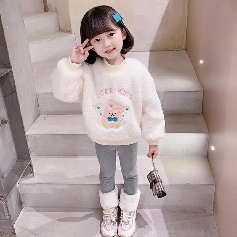 Hong Kong Girl Clothing Trendy Suit Foreign Pie 2021 New Female Baby Round Neckline Thick Cotton T Sheep Lamb Suede Winter Clothing Two Sets