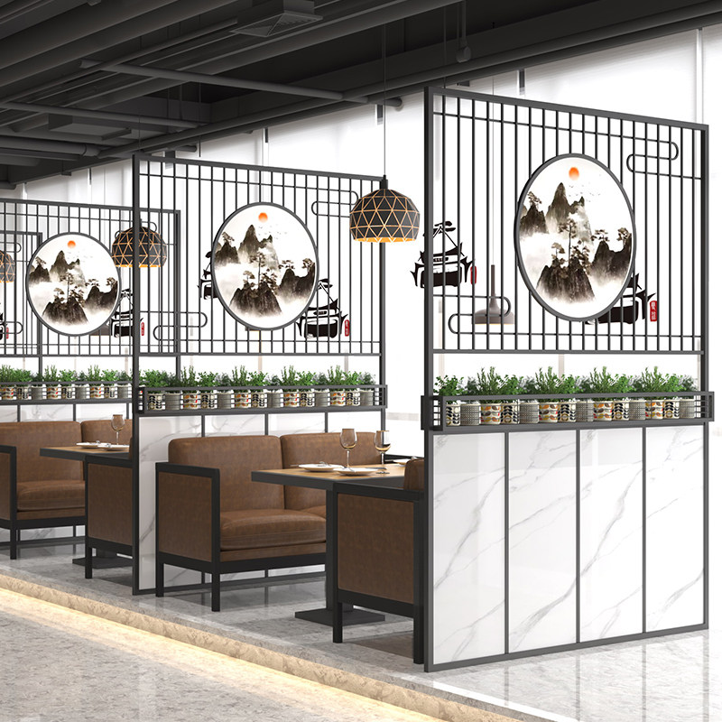 Modern dining room card seat green plant partition wall flower stand wrought iron solid wood fence bar partition industrial wind screen decoration