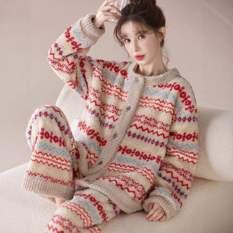 Victorian Retro Color High-End Warm Velvet Warm Women's Coral Velvet Home Clothes Sweet Flannel Autumn and Winter Pajamas