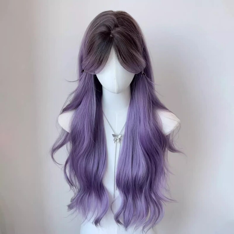 【Wisteria Flower】Full Wig for Women, Iris Flower Gray-Purple Highlights, Long Curly Hair, Black-Purple Gradient Wig