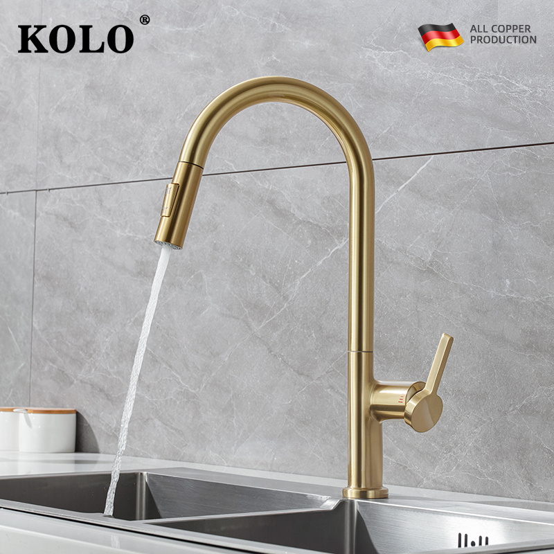 Kolo Kitchen Sink Faucet Hot and Cold Pull-Out Balcony Laundry Sink Sink with Booster Rotation All-Copper Gold Kolo Kitchen Sink Faucet Hot and Cold Pull-Out Balcony Laundry Sink Sink with Booster Rotation All-Copper Gold