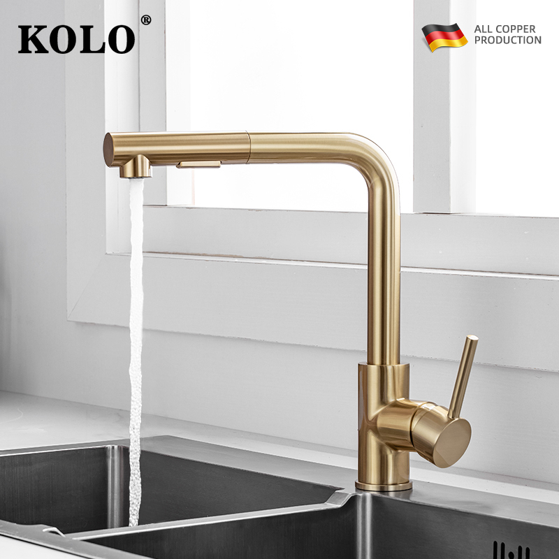 Kolo Kitchen Faucet for Sink, Dishwashing Sink, Balcony Laundry Sink, Pull-Out Hot and Cold Seven-Character Style, Gold Color