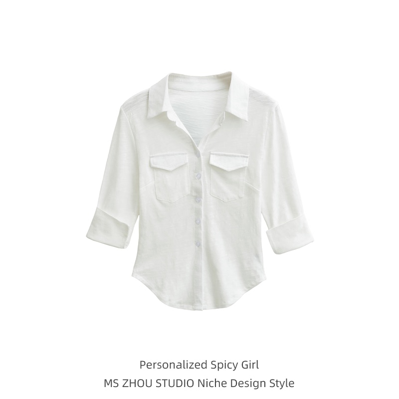 Commuter Style White Bamboo Cotton Three-Quarter Sleeve Shirt for Women, New Spring and Summer Slim Fit Turn-Down Collar Buttoned Short Top Commuter Style White Bamboo Cotton Three-Quarter Sleeve Shirt for Women, New Spring and Summer Slim Fit Turn-Down Collar Buttoned Short Top