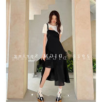 2022 Summer new Korean version Design sensation irregular high waist display slim one-piece dress pure color Short-shirt suit