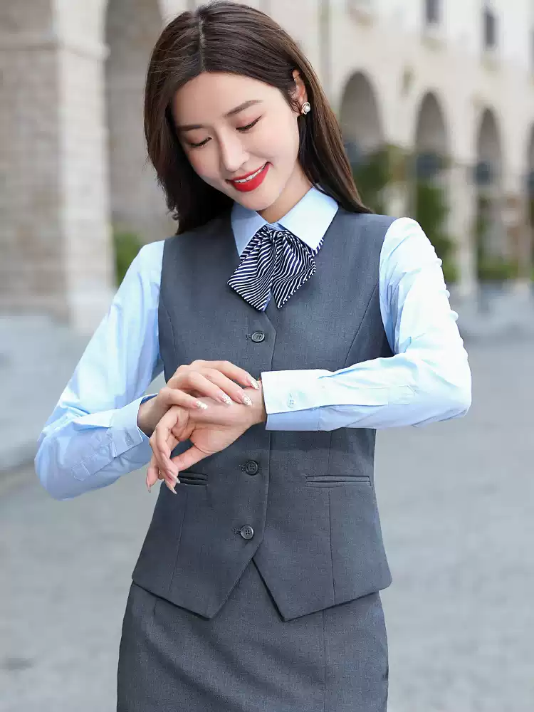 Bộ đồ màu xám dành cho nữ Quần áo bảo hộ lao động khách sạn chuyên nghiệp mùa xuân và mùa thu phù hợp với áo vest nữ ngân hàng làm việc quần áo đồng phục màu đen