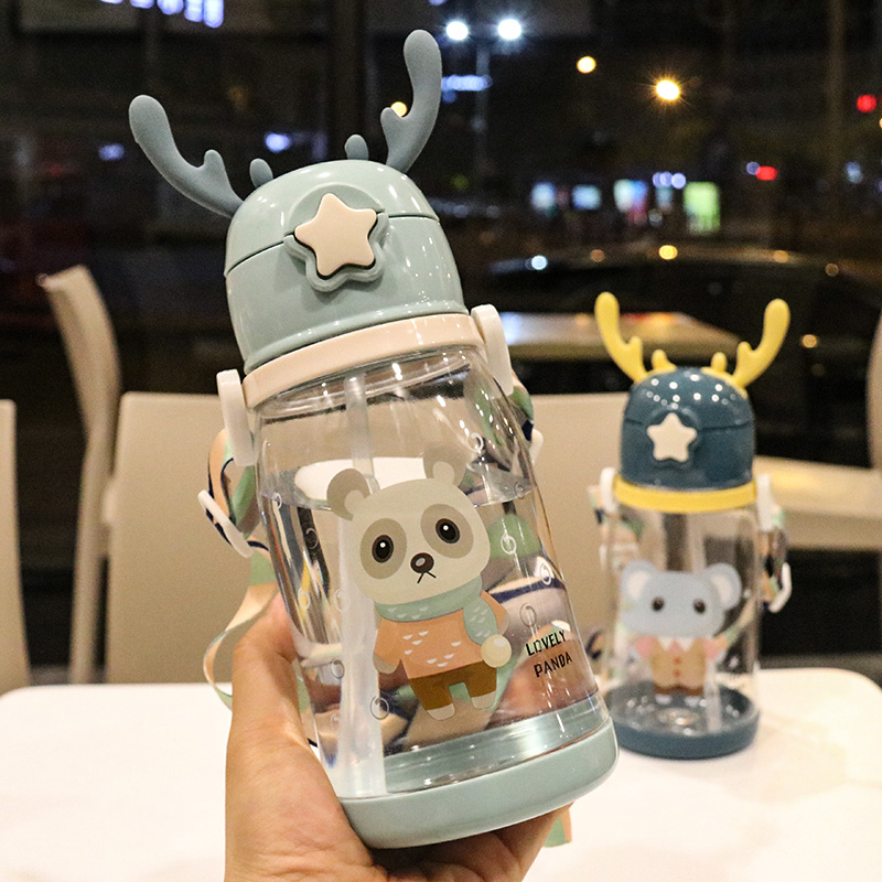 Japanese gp cartoon with rope portable children's antler plastic large-capacity anti-fall leak-proof straw water cup