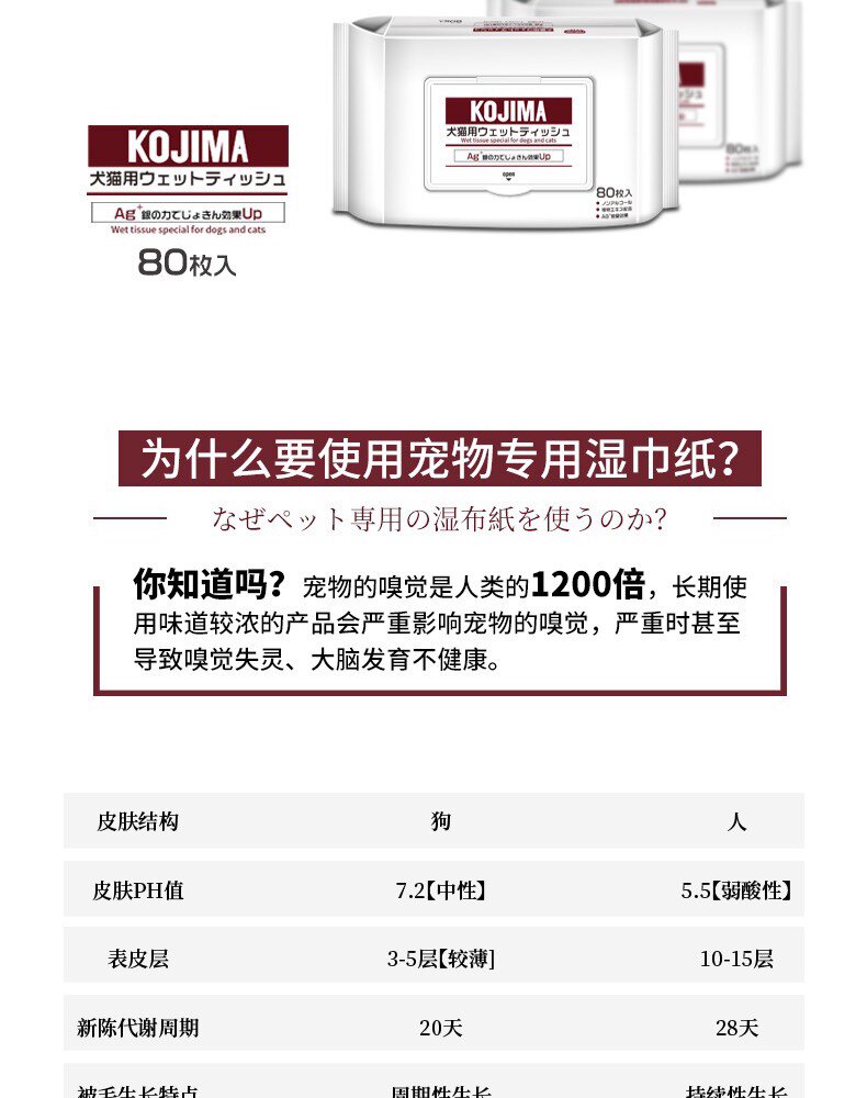 Pet салфетки kojima猫狗湿纸巾 宠物去泪痕湿巾 日本制造清洁用品 80片装美容产品