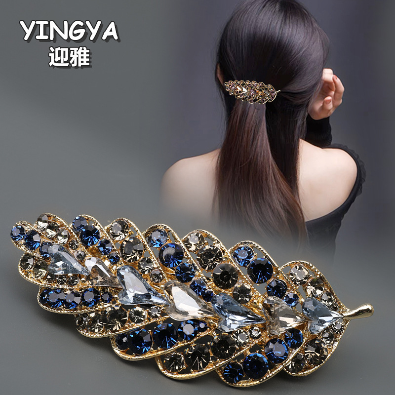 Large Plated Hairpin Spring Clip with Anti-Slip Cover K9 Crystal Hairpin One-Word Horizontal Clip Hair Accessories A358 Women's