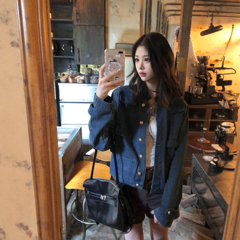 June Ruan Blue Denim Jacket Spring and Autumn Washed Loose Fit Petite Short Vintage Money Style Jacket