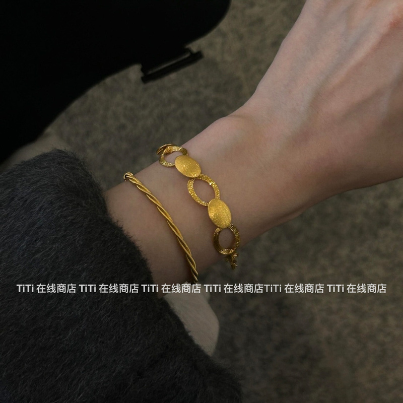 Stacked Bracelet Set! Second-Hand Vintage Cut Out Oval Bracelet for Women Gold Double-Layer Beaded Plain Ring Chain