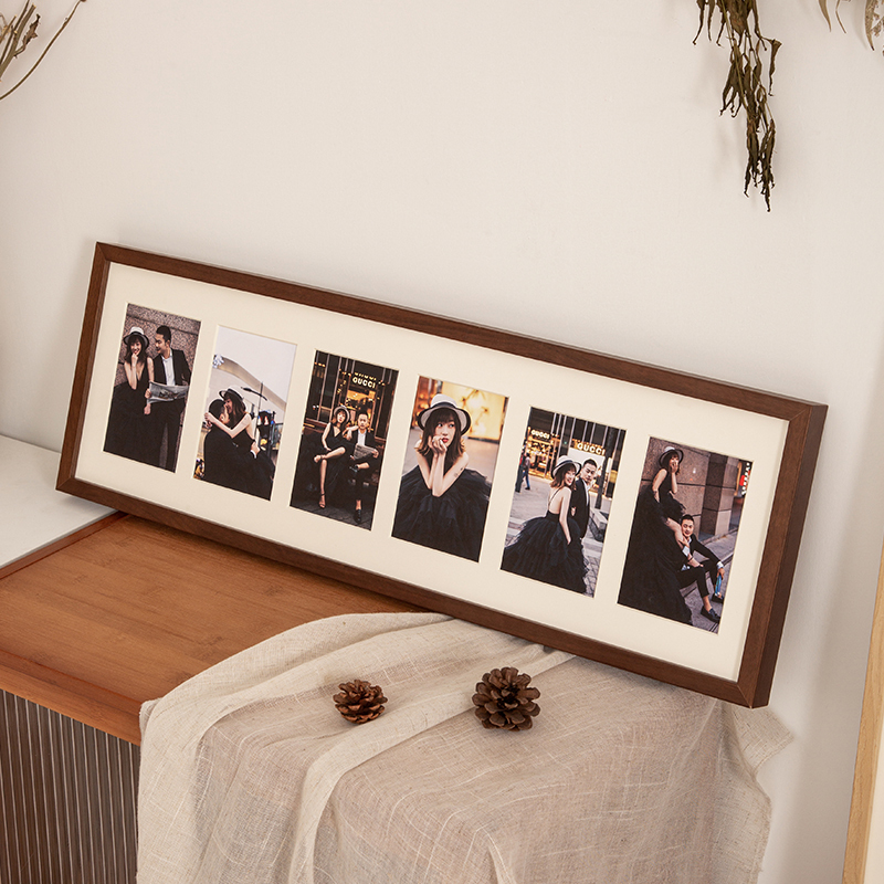 Solid Wood Entrance Hall Wedding Photo Vertical Frame 6-Grid DIY Rectangular Photo Frame Display Stand with Photo Printing Service