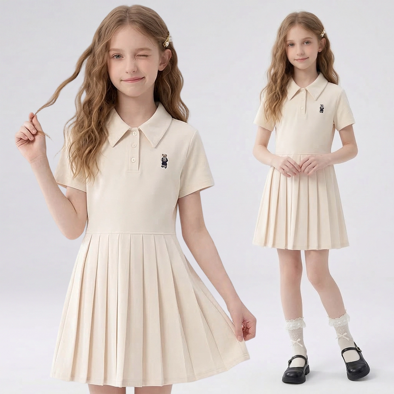 Girls' Summer Dress 2026 New Style for Older Children, Polo Collar with Bear Embroidery, Preppy Style, Skin-Friendly Summer Wear Girls' Summer Dress 2026 New Style for Older Children, Polo Collar with Bear Embroidery, Preppy Style, Skin-Friendly Summer Wear