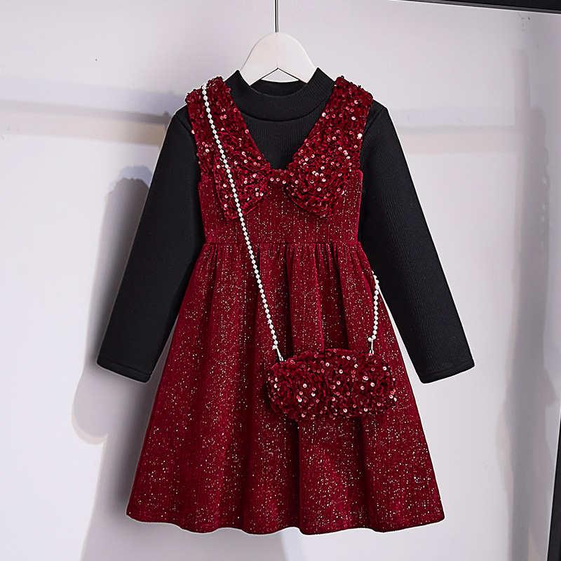 Girl Chinese New Year suit dress 2023 autumn and winter clothing new girl foreign air red undershirt waistcoat Dress Beige-Taobao