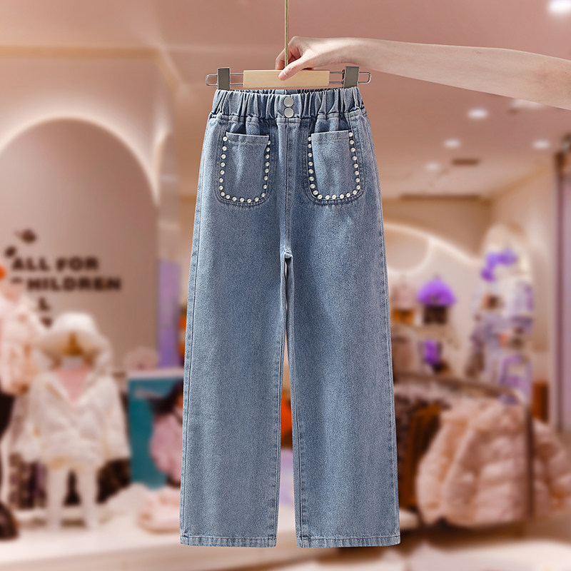 Girl Cowboy Wide Pants 2022 Spring New Blue Casual Foreign Pie Net Red CUHK Scouts Trousers