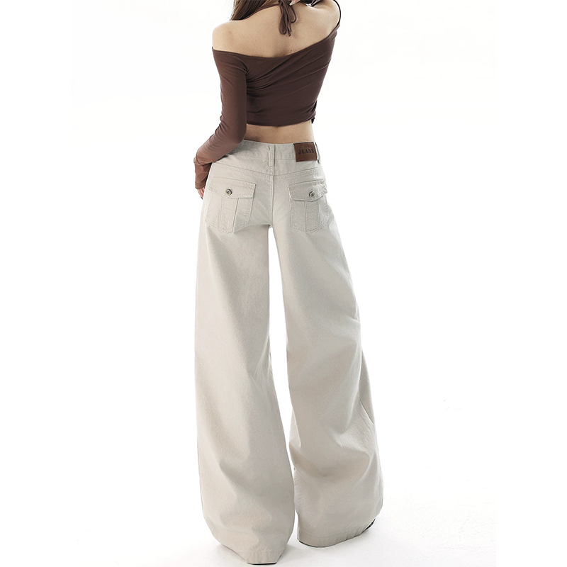 Light Apricot Wide-Leg Jeans for Women 2026 New Summer American Style Low-Waist Retro Loose Slimming Floor-Length Straight Pants