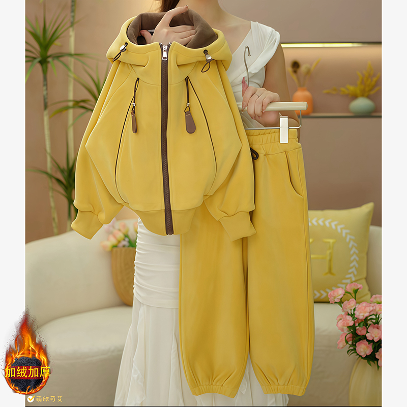 Girls' Double-Sided Fleece Sweatshirt Cardigan and Sweatpants Set, Autumn/Winter 2025 New Style, Hooded Fleece Jacket and Trendy Sweatpants