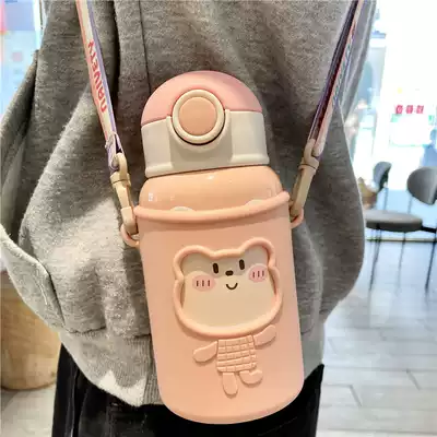 Children's thermos cup 304 stainless steel with straw Male and female children's cute cup Kindergarten high-value portable kettle