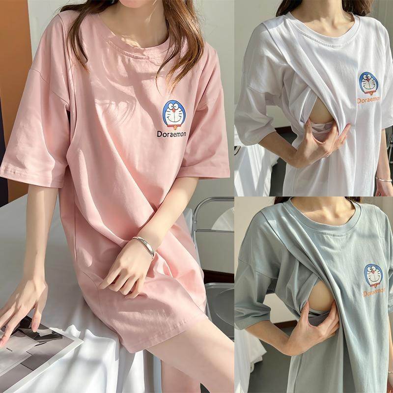 Summer Light-Colored Cartoon Pajamas, Home Wear, Loose Short-Sleeved T-Shirts, Nursing Tops, Outdoor Wear, Simple and Fashionable Skirts