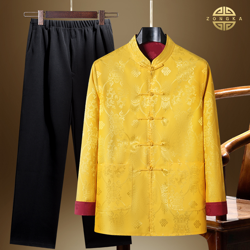 Silk Double-Sided Tang Suit for Men, Spring and Autumn Style, Retro Jacket, Long-Sleeved Chinese Style Ethnic Hanfu Men's Short Drama Suit