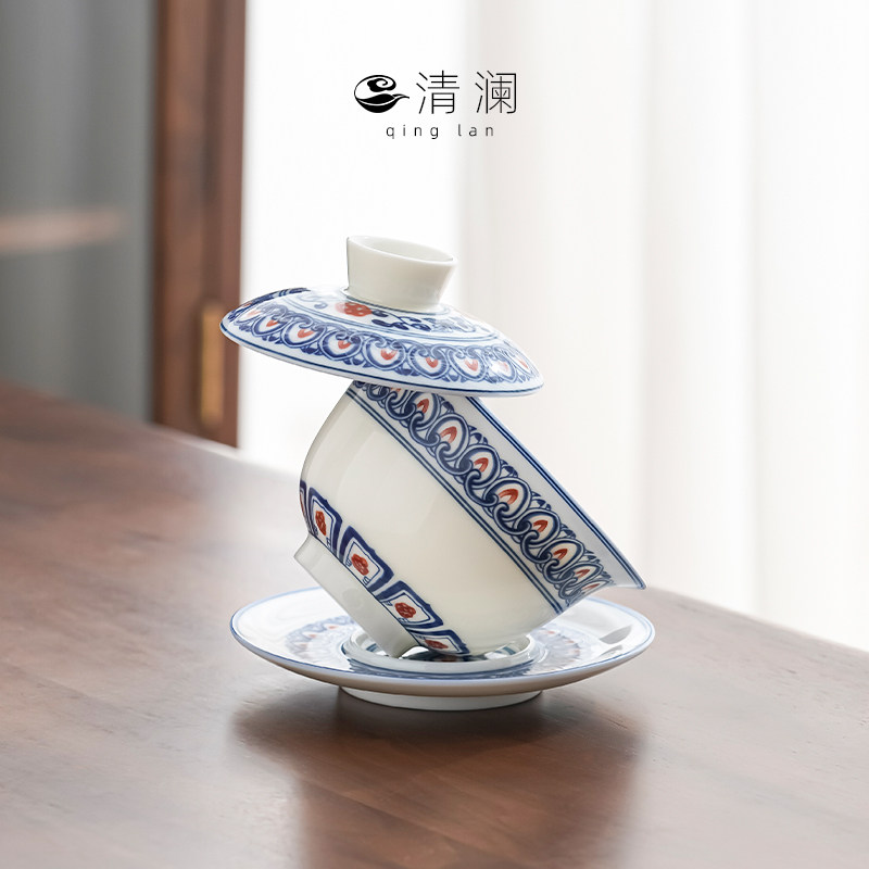 Jingdezhen hand-painted green flower porcelain three-only cover bowl single without hot tea cup hovering large code white porcelain to tea bowl tea set-Taobao