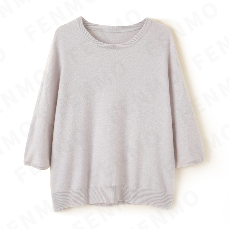 【Fenmo】100% Cashmere Knit Round Neck 3/4 Sleeve Batwing Sweater for Women