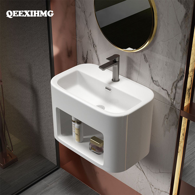 Integrated Ceramic Wall-Mounted Basin for Balcony, Suspended Bathroom, Household Washbasin, Small Apartment Wall-Mounted Washbasin Integrated Ceramic Wall-Mounted Basin for Balcony, Suspended Bathroom, Household Washbasin, Small Apartment Wall-Mounted Washbasin