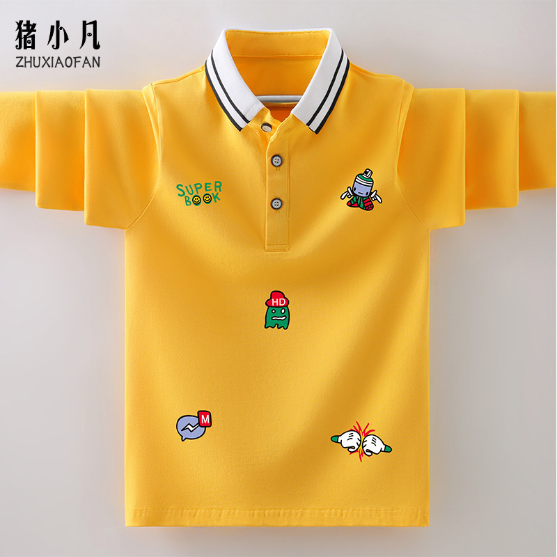 Boys' Spring and Autumn Long-Sleeved T-Shirts, Children's Spring Polo Shirts, Stylish Tops for Older Kids, Cotton Printed Collared Shirts