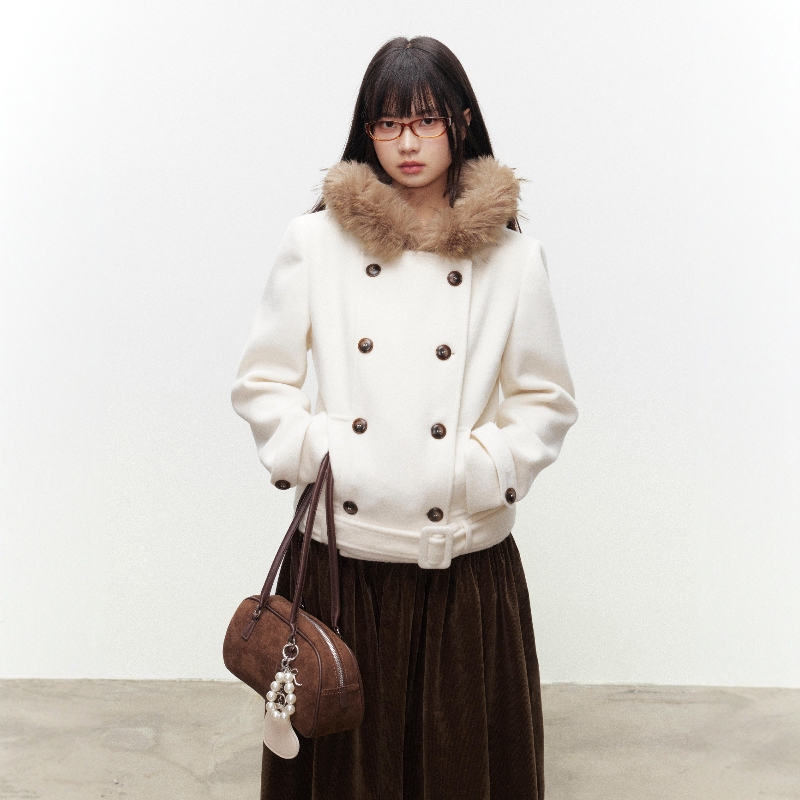 Aunp Off-White Double-Breasted Woolen Coat for Women, Autumn and Winter, with Fur Collar, Hooded, Short, Waist-Cinching, Padded Thick Coat