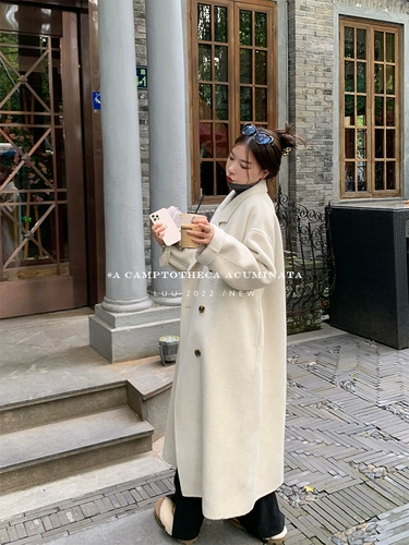 LUU桃喜儿 Длинная шерстяная бежевая двусторонная демисезонная куртка, шерстяное пальто