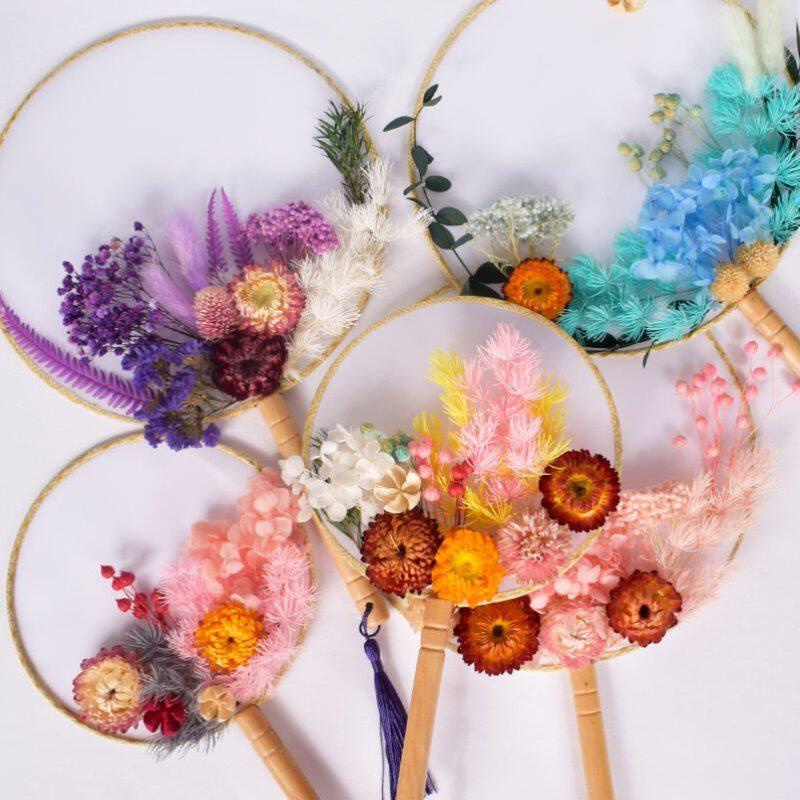 Dried flower ball fan ancient air dried flower ball fan diy material package Chinese style round fan handmade immortal flower fan homemade female