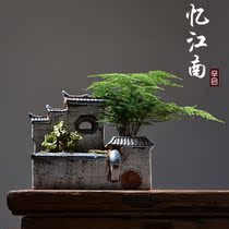 Xinhui New Chinese Zen retro creative green plant bonsai flower pot Fish tank landscape decoration Home office ornaments