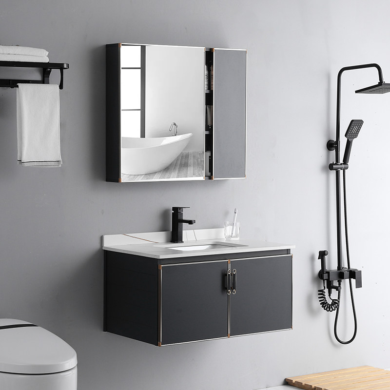 Light luxury Rock board space aluminum bathroom cabinet combination wash basin wash face Basin wash table mirror cabinet set dressing room black