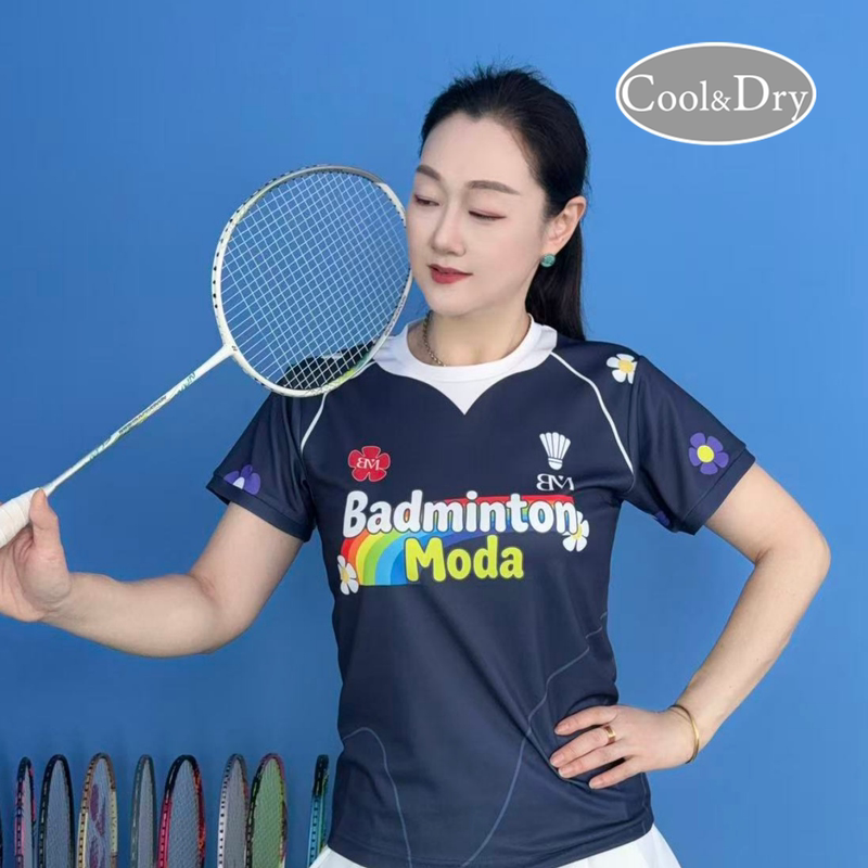 Bm Magic Feather Men's and Women's Summer Training Sports Badminton Clothing Navy Blue Floral Breathable Quick-Dry Short Sleeve T-Shirt