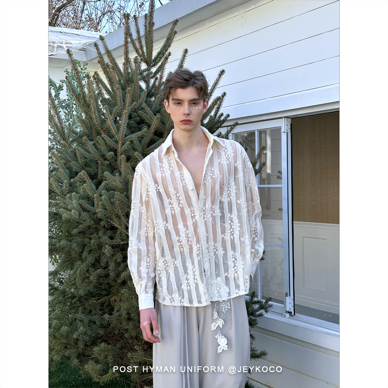 「Jeykoco」Spring and Summer New Style French Romantic Lace Shirt for Men, Long-Sleeved Slightly See-Through Embroidered Top