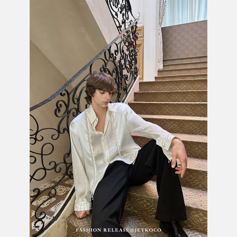 Jeykoco French-Style Beaded Design White Long-Sleeve Shirt for Men, High-End Satin Cuff Tassel Top Jeykoco French-Style Beaded Design White Long-Sleeve Shirt for Men, High-End Satin Cuff Tassel Top
