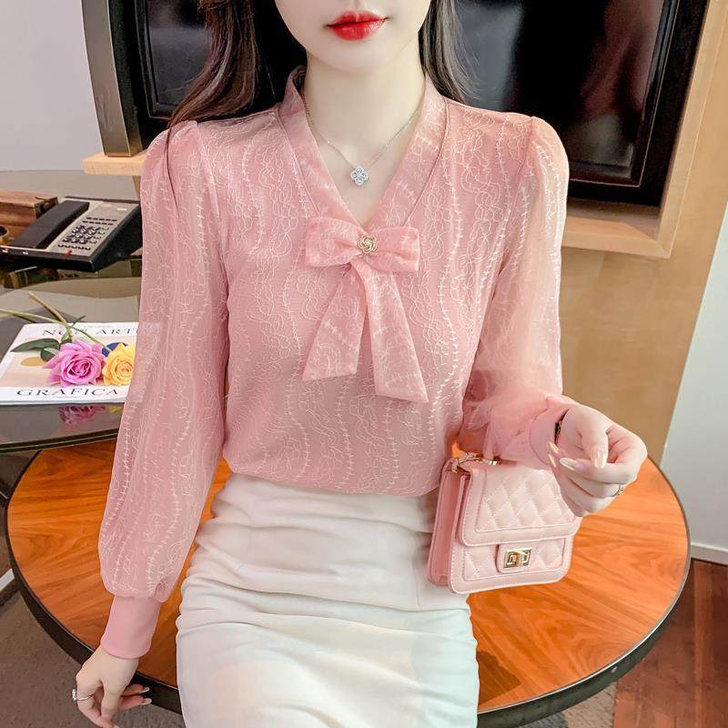 Рубашка с галстуком-бабочкой, кружевная нижняя рубашка, новая женская весенняя шифоновая рубашка с длинными рукавами, западный стиль, внутренний топ, уменьшающий возраст