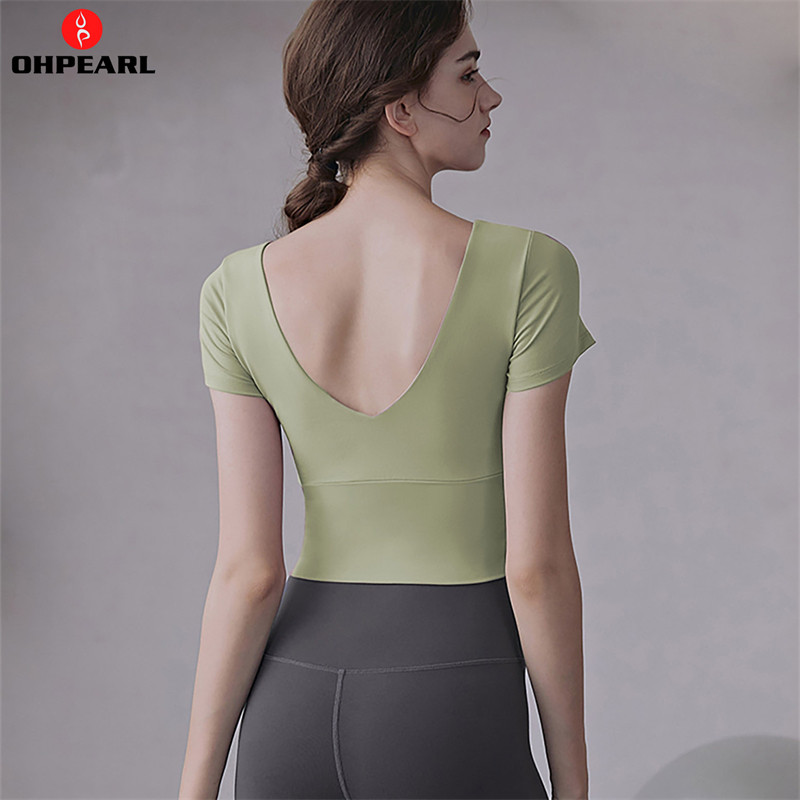 OHPEAR yoga dress with chest cushion women's summer short-sleeved top set tight beauty back breathable Pilates training suit