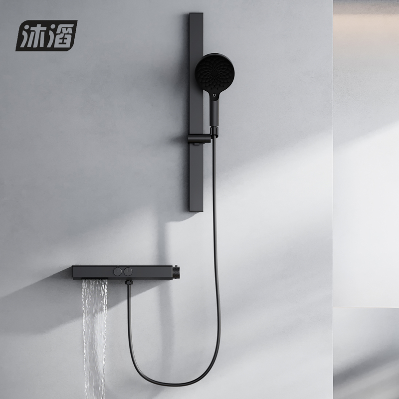 Mutaow Wall-Mounted All-Copper Bathtub Faucet with Shower Head, Wall-Mounted Storage Platform, Thermostatic Waterfall Faucet
