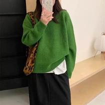 Solid color round neck sweater for women in autumn and winter new style loose soft waxy pullover sweater top with label on the back for women