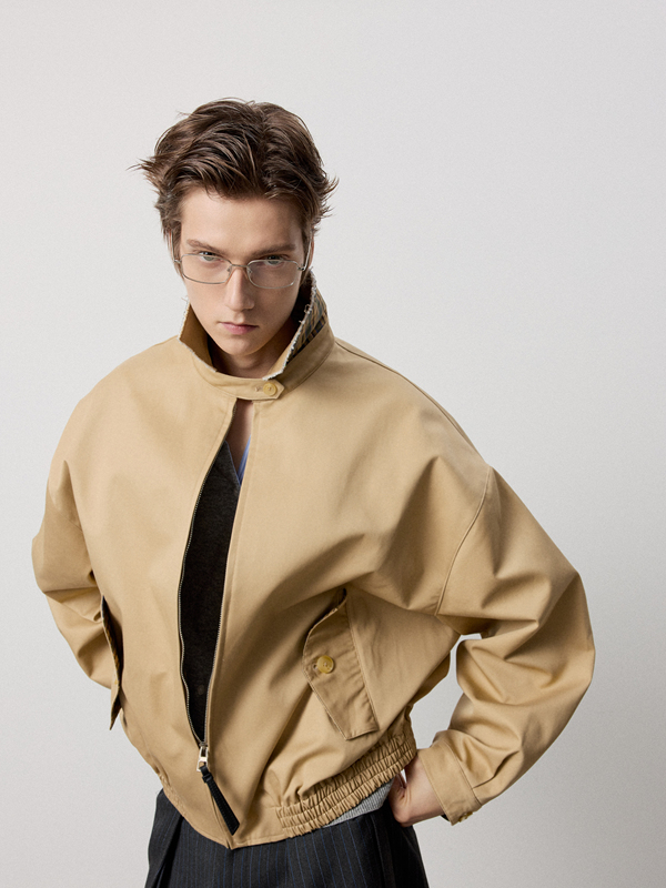 Rreiko｜Hand-Quilted Collar with Fringed Bias-Cut Plaid Color-Blocked Harrington Jacket Lyocell