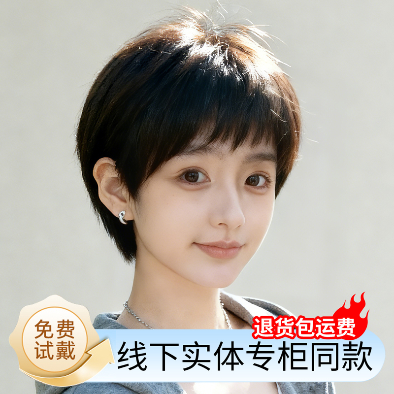 Full Head Wig for Women, Real Human Hair, Middle-Aged and Elderly Straight Hair, Ultra-Short Hair, Mom Style, Bald Head, Chemotherapy, Daily Use, Real Hair Wig