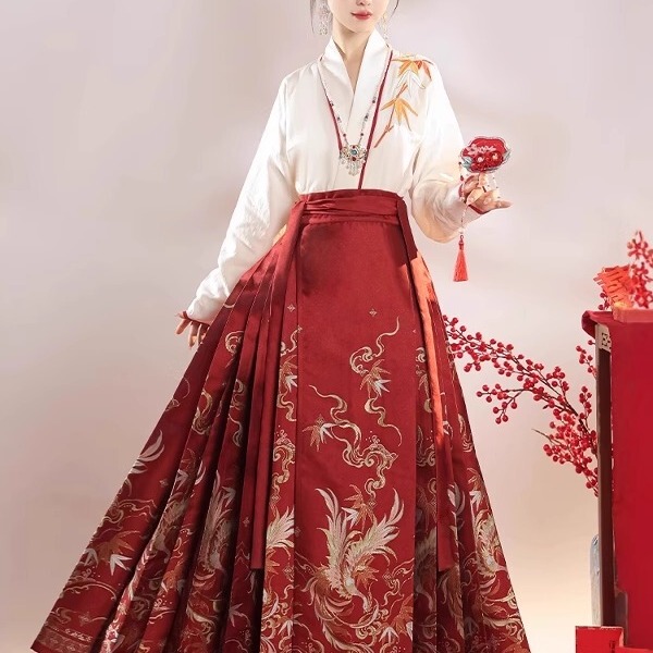 Shunjinji【Phoenix Cries in the Bamboo】Original Ming Dynasty Style Mamian Skirt Red Hanfu Wedding Dress for Petite Individuals, Everyday Outfit Shunjinji【Phoenix Cries in the Bamboo】Original Ming Dynasty Style Mamian Skirt Red Hanfu Wedding Dress for Petite Individuals, Everyday Outfit