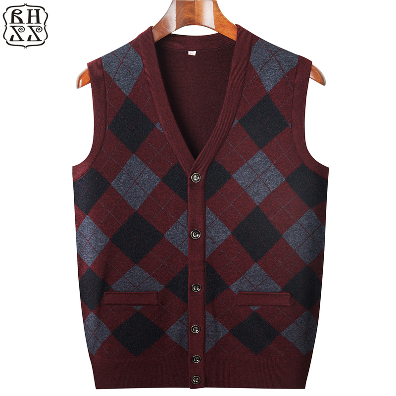 Spring and Autumn Red Knitted Cardigan for Men, Wool Sweater Vest for Middle-Aged and Elderly Dads, Sleeveless Sweater Vest